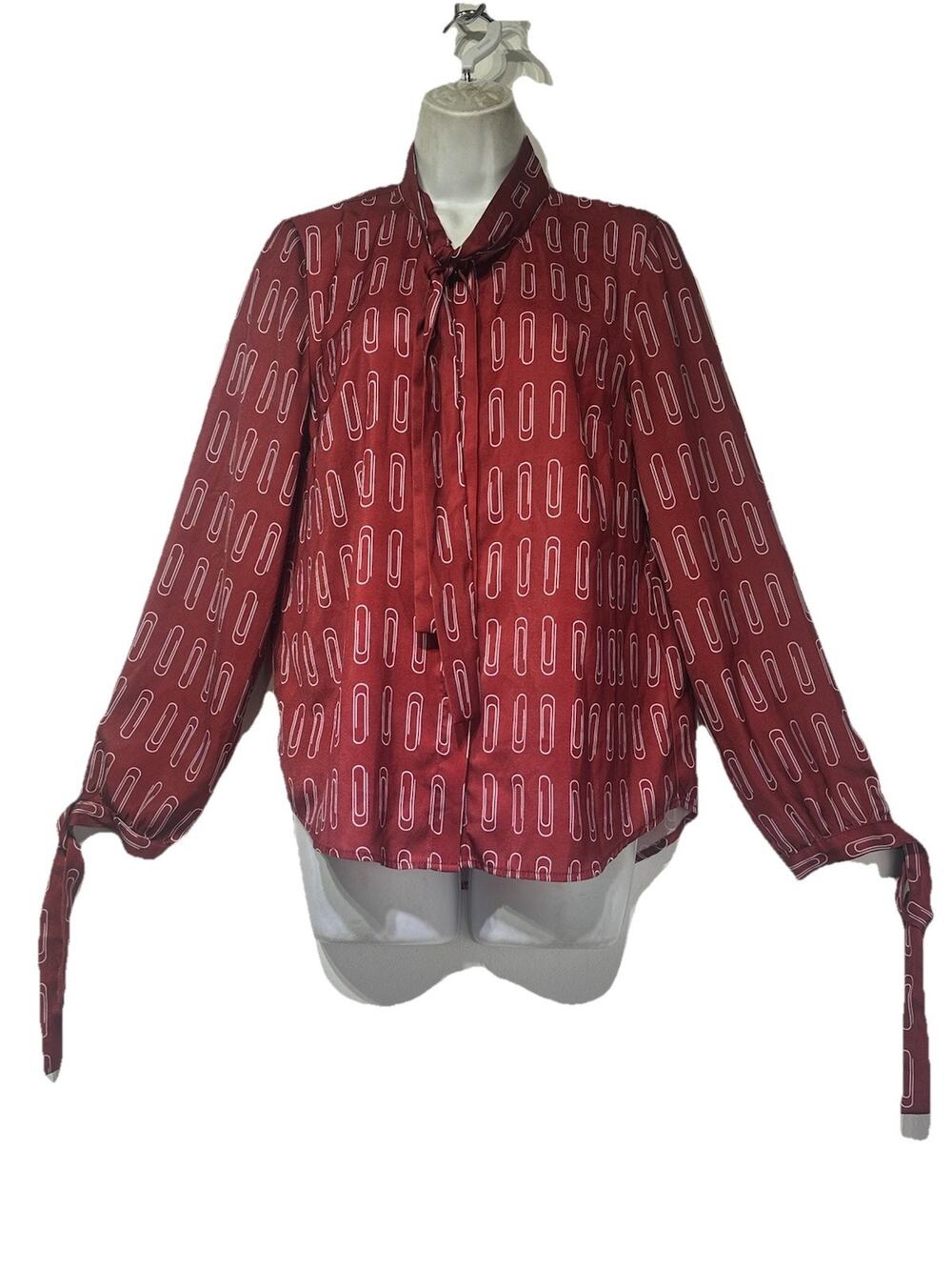 Modcloth womens Size M Red paperclip novelty button front top tie Long sleeve